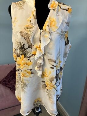 White House Black Market Yellow Floral Ruffle blouse